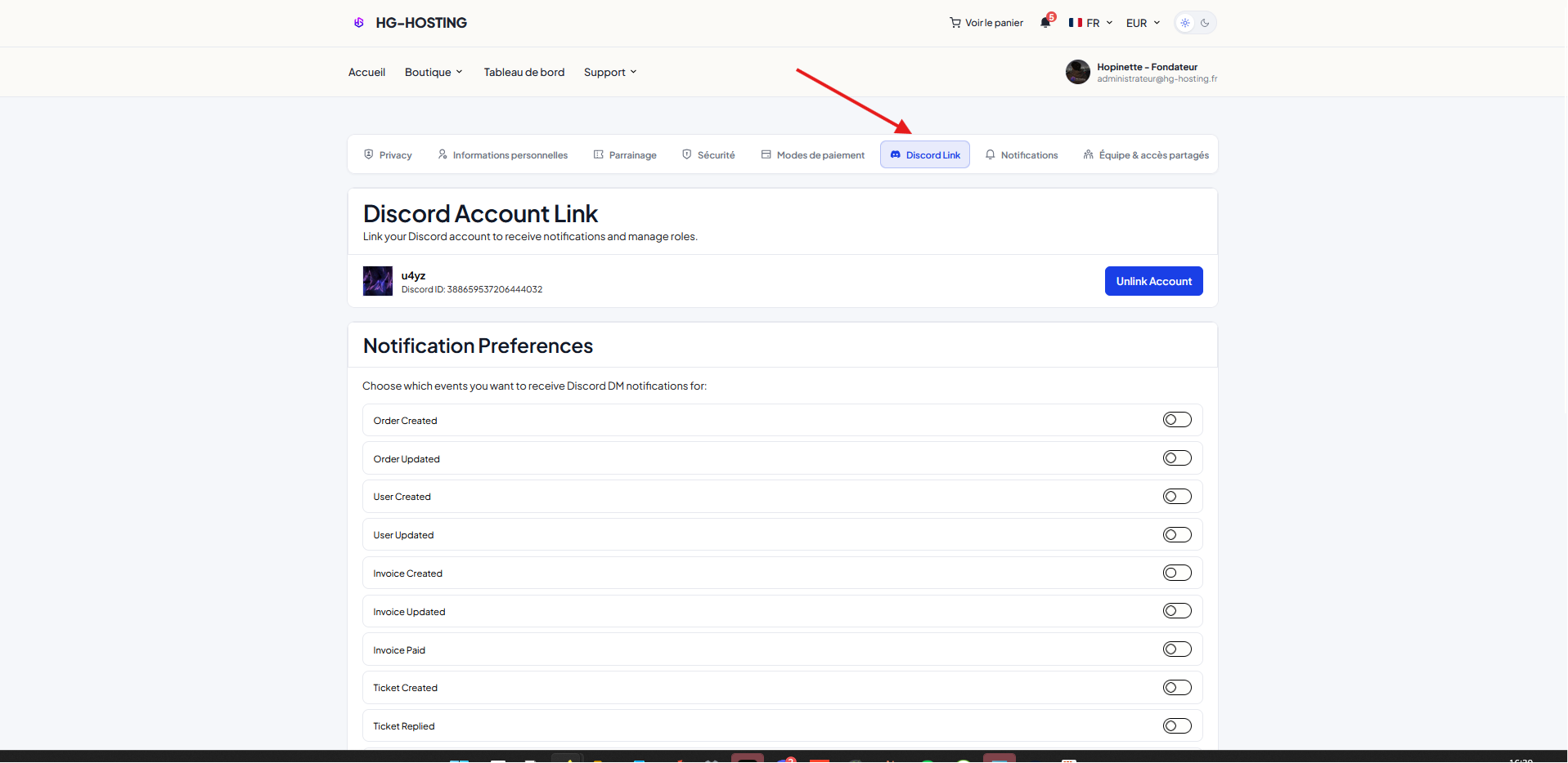 Onglet Discord Link de l'espace client HG-Hosting avec un compte Discord correctement relié