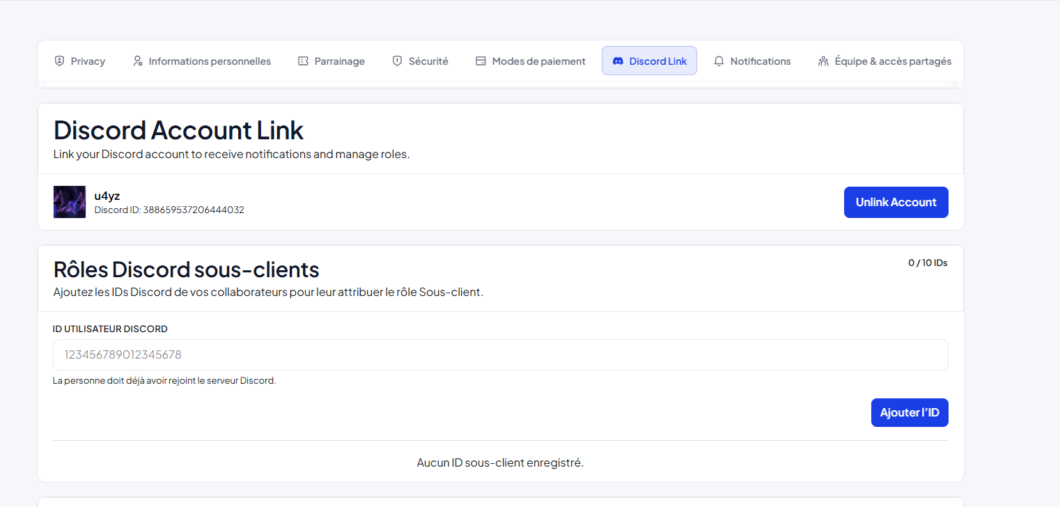 Section Rôles Discord sous-clients permettant de coller un ID utilisateur et de lui attribuer le rôle Sous-client